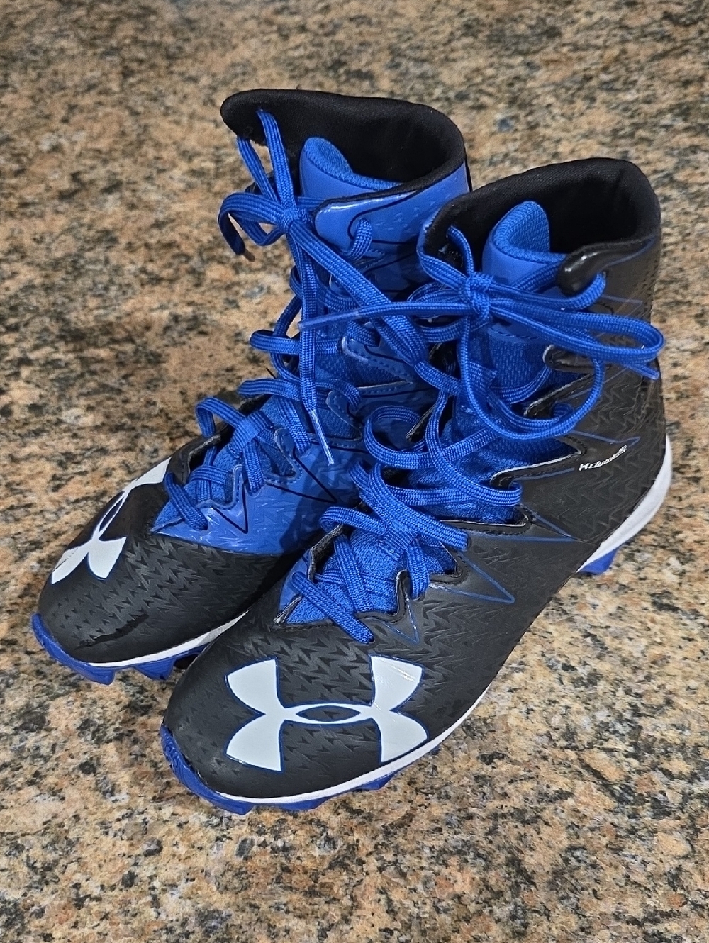 Under Armour Black and Royal Blue High-Top Football Cleats Size 4.5Y